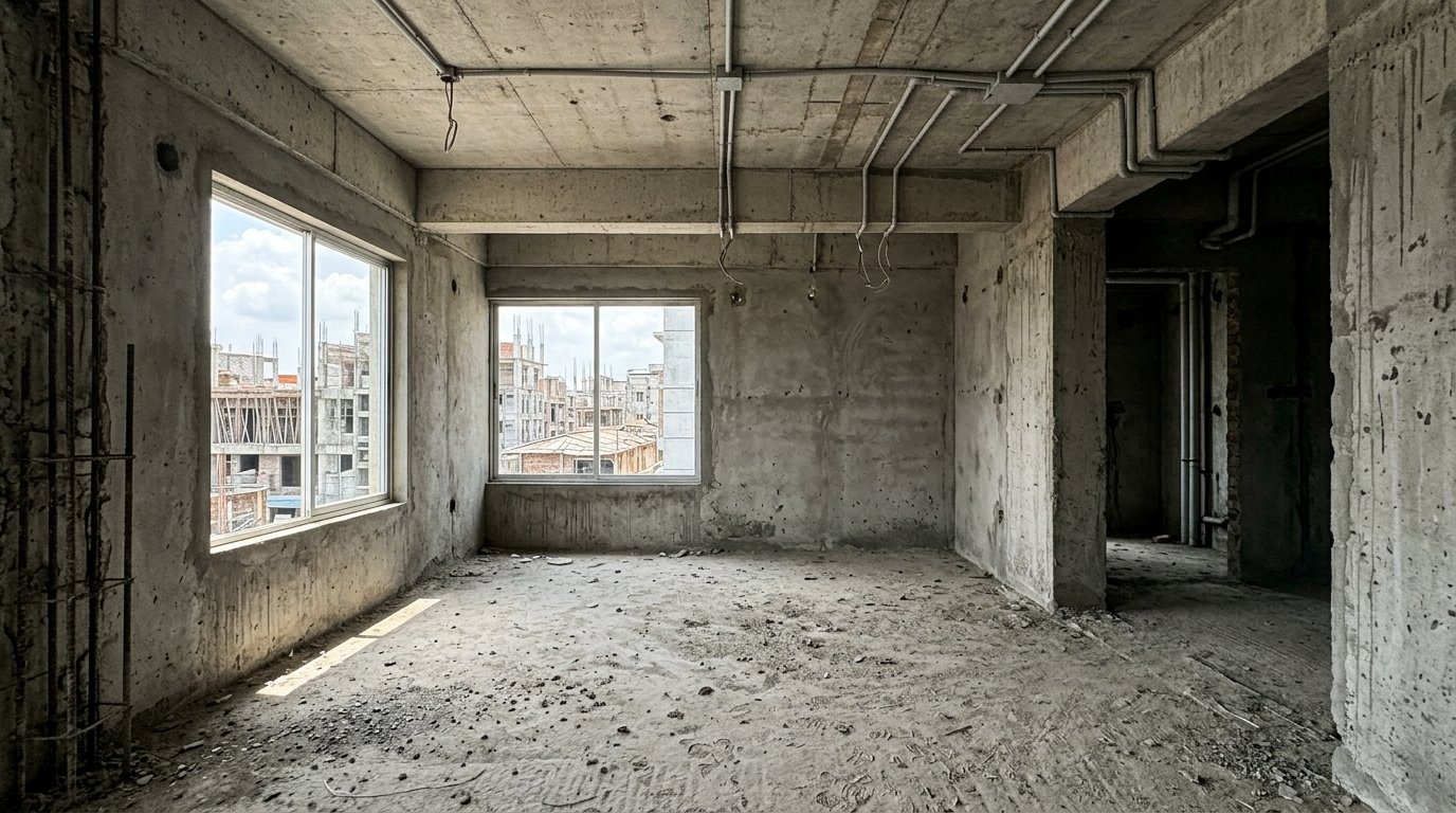 Before renovation: bare unfinished concrete apartment shell in Dhaka
